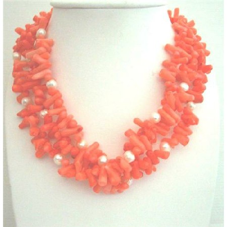 Coral Natural Skin Nugget Beaded Necklace Multi 3 Strands Necklace