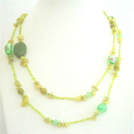 Apple Jade Stone Nugget Millefiorri Murano Glass Beads Long Necklace