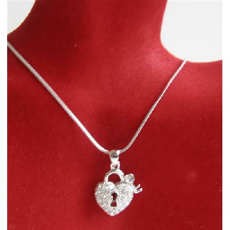 Heart Shaped Lock Key Pendant Is Sparkling Bling Embedded CZ Necklace