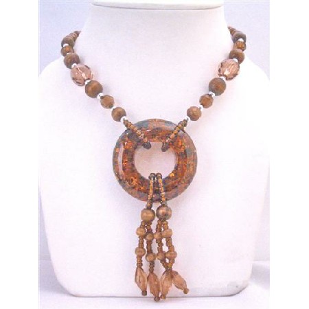 Jasper Coated Round Pendant w/ Drop Down Necklace w/ Fancy Glass Beads