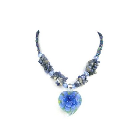 Multicolored Tiny Beads Lapiz Nugget Glass Heart Pendant Necklace