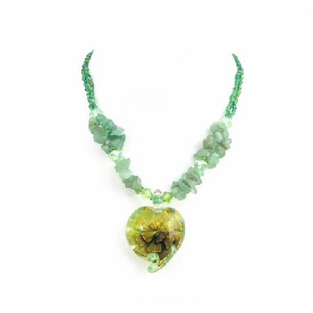 Green Tiny Beads Jade Nugget Holding Glass Heart Pendant Necklace