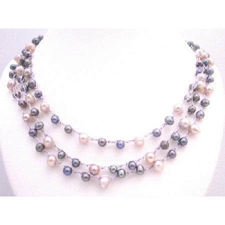 Interwoven Handmade Silk Thread Pink Grey Freshwater Pearls Necklace