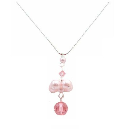 Drop Down Pendant Necklace Wedding Gift Swarovski Rosaline Pearls & Rose Crystal