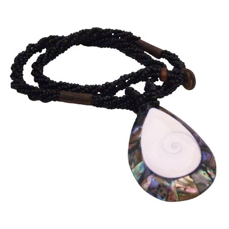 Abalone Shiva Eye Teardrop Pendant Necklace Black Beaded Party Jewelry