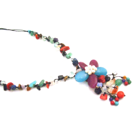 Multicolor Nugget Fashion Jewelry Flower Tassel Stylish Necklace