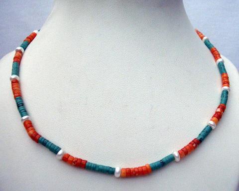 Genuine Turquoise Red Coral Ring Bead Necklace Handmade Custom Jewelry