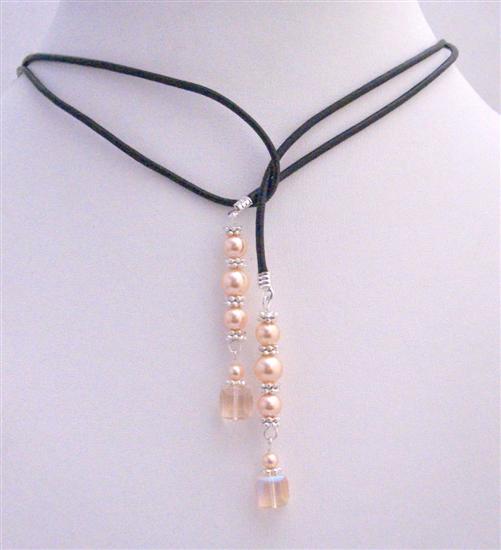 Pearls lairat Necklace w/ Genuine Swarovski Peach Cube Crystals Bali Silver Spacer Necklace