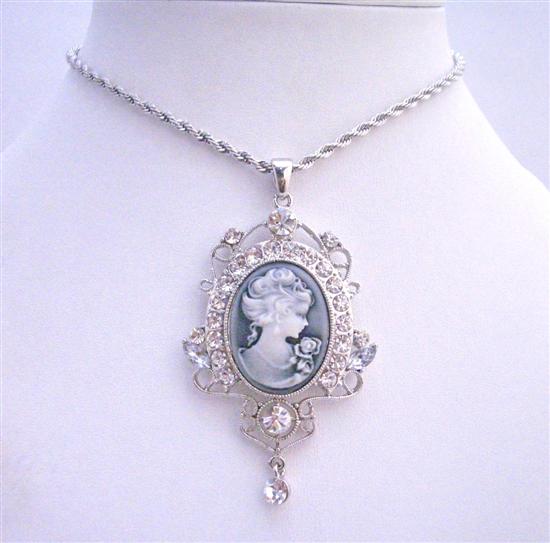 Lady Cameo Pendant Silver Casting Pendant w/ Cubic Zircon Embedded & Dangling