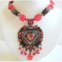 Beautiful Necklace Sexy Red Heart Embedded In Ethnic Oxidized Metal Multi Stings Necklace