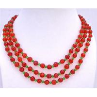 Beautiful Red Long Necklace 60 Inches Red 8mm Glass Beads w/ Simulated Green Crystals Long Necklace