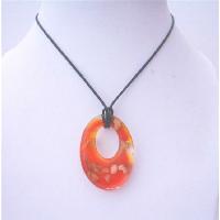 Genuine Murano Glass Oval Citrine Orange Pendant Hand Painted Pendant w/ Black Chord Necklace