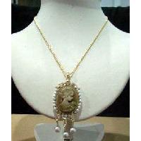 NEW Cameo Victorian LADY NECKLACE Pearls & CZ!