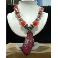 Traditional In Oxidized Bead & Red Rhine Stone Bead W/ Oxidized Pendant 17 Inches Necklace