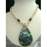 Handcrafted Beaded Necklace Cream Beads w/ Abalone Shell Pendant