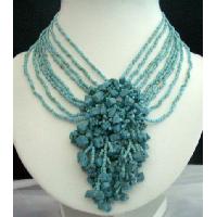 Multi Strands Choker Green Turquoise Beads w/ Floral Dangling 