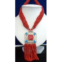Multi Strands Long Necklace Red Beads w/ Sequare Pendant & Dangling 
