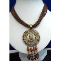 Multi Stranded Necklace Brown Strings w/ Antique Gold Pendant & Dangling 