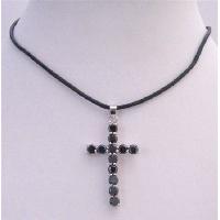 Sparkling Crystals Cross Pendant Long Black Cross Pendant Necklace Leather Cord Necklace