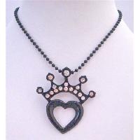 Black Beaded Long Necklace w/ Crown Heart Pendant Stunning Pendant w/ 26 Inches Long Necklace