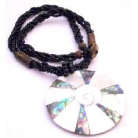 Shiva Eye Shell Round Pendant Black Multi Stranded Beaded Necklace w/ Abalone Shell Self Embossed