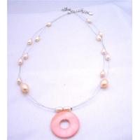 Double stranded Necklace Freshwater Pearls w/ Round Shell Pendant Peach/Pink Necklace  