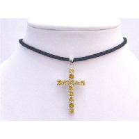Topaz Crystals Cross Pendant Accented In Genuine Leather Cord Necklace 