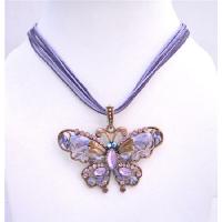 Cool Soothing Delicate Purple Color Butterfly Necklace w/ Genuine Swarovski Crystals