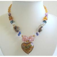 Glass Heart Pendant Necklace Multi Beads Necklace w/ Beautiful Murano Glass Heart Pendant