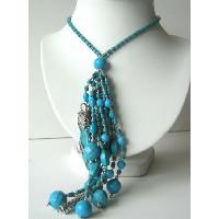 Genuine Turquoise Dagger & Turquoise Beads Sterling Silver Necklace w/ Multi Strand Turquoise Tassel Drop Down