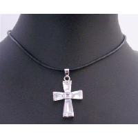 Clear Crystals Cross Pendant Necklace Leather Cord Beautiful Cross Penant