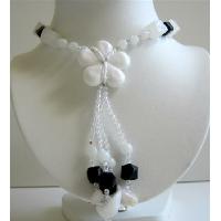 White Flower Glass Pendant Tassel Necklace Black & White Beads Long Necklace 