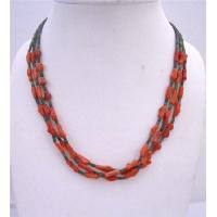Dark Green Jade Beads w/ Coral Fancy Beads 3 Stranded Coral Necklace 18 Inches Necklace