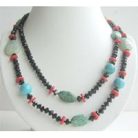 Semi Precious Stone Beaded Long Necklace 40 Inches Coral Onyx Turquoise & Multi Beads Necklace