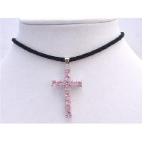 Long Cross Pendnt In Rose Pink Crystals Pendant w/ Genuine Leather Cord Necklace 