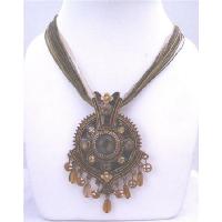 Brown Enamel Ethnic Traditional Multistranded Necklace w/ Dangling Pendant Victorian Style  