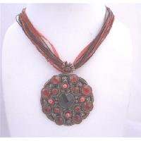 Red Enamel Pendant Multistranded Necklace Ethnic Traditional  
