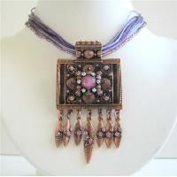 Sequare Pendant Necklace Ethnic Copper Sequare Pendant w/ Sparkling Amthyst Crystals Necklace