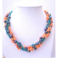 Vintage Angel Skin Coral Beads Necklace w/ Turquoiose & Potato Freshowater Pearls Necklace