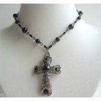 Black Culture Pearls w/ Jet Crystals & Black Diamond Crystals Cross Pendant Necklace