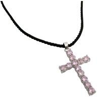 Black Leather Cord Neckalce w/ Pink Crystals Cross Penant