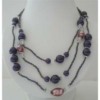Three Stranded Beaded Necklace Simulated Purple Pearls Millefiori Painted Beads 20 Inches Long Necklace 