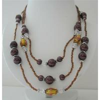 3 Stranded Golden Beads Necklace Simulated Brown Pearls Millefiori Painted Beads 20 Inches Long Necklace 
