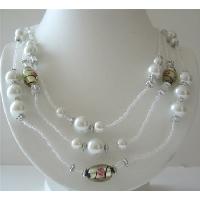 White Beaded 3 Stranded Necklace Simulated White Pearls Millefiori Painted Beads 20 Inches Long Necklace 