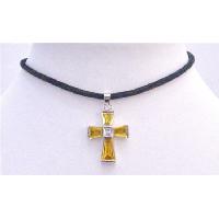 Gold Cross Pendant Necklace Leather Cord Shimmering Gold Cross Penant