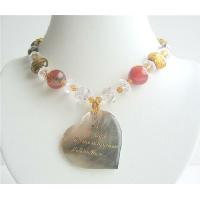 Shell Heart Pendant w/ Words I Miss You In English & French Mutli Fancy Beaded Necklace  