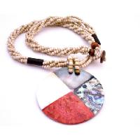 Black Beaded Necklace w/ Coral Mother Shell Abalone Pendant All Embedded On Round Pendant Necklace