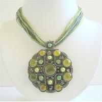 Traditional Ethnic Pendant Green Enamel Multistranded Necklace  