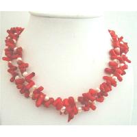 Genuine Coral Tube w/ Freshwater Pearls Double Stranded Necklace Sterling Silver Clasp