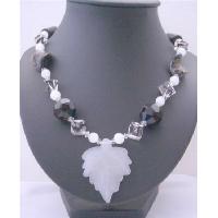 Fancy Glass Beads Black & White Long Necklace w/ Murano Glass Twisted Leaf 32 Inches Long Necklace